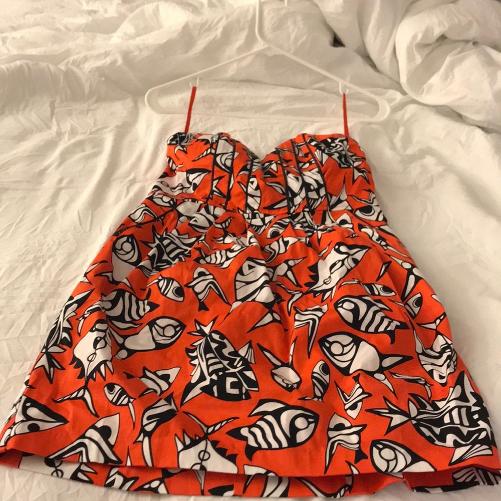 Tomato red, black and white mini dress